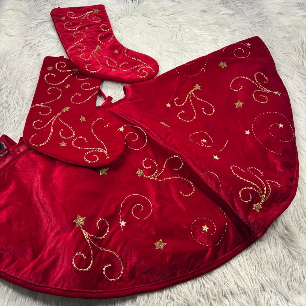 Unbranded Red Gold Velvet‎ Beaded Star Christmas Tree Skirt and Stockings